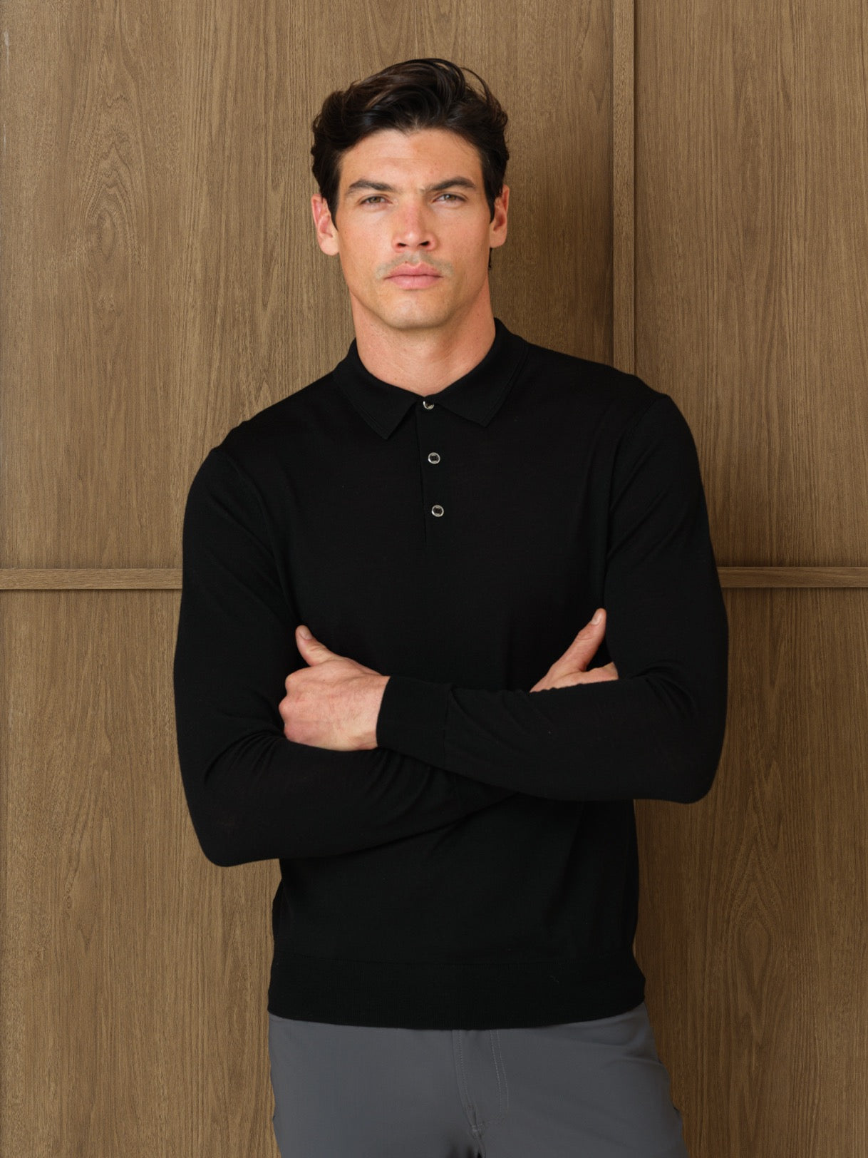 LUCO LONGSLEEVE KNITTED POLO - BLACK