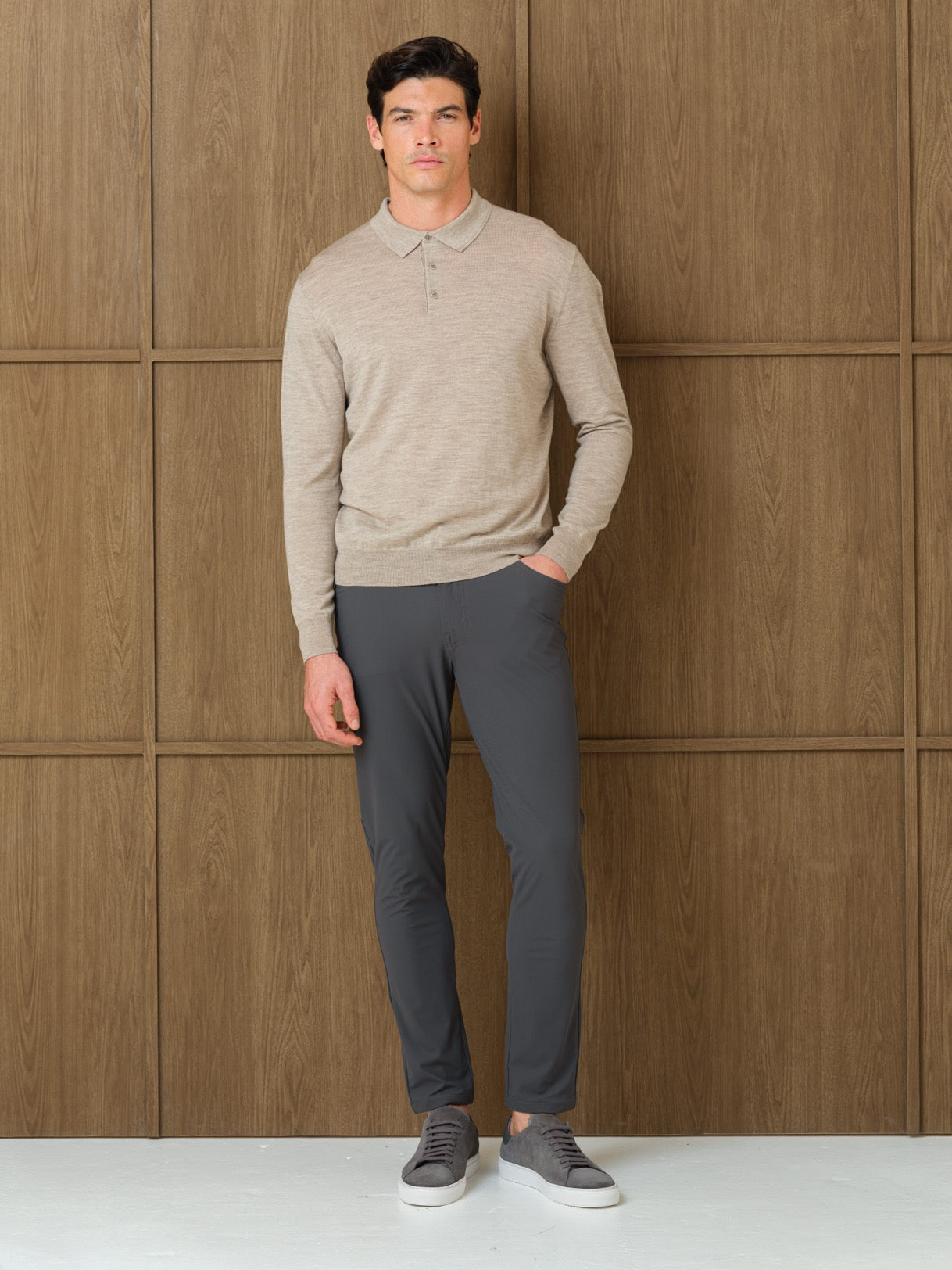 LUCO LONGSLEEVE KNITTED POLO - MIST HEATHER