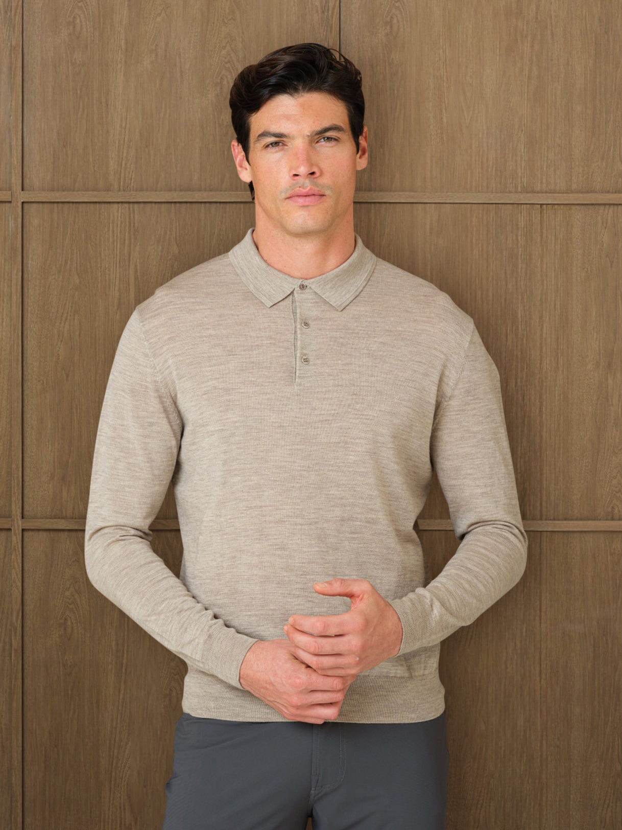 LUCO LONGSLEEVE KNITTED POLO - MIST HEATHER