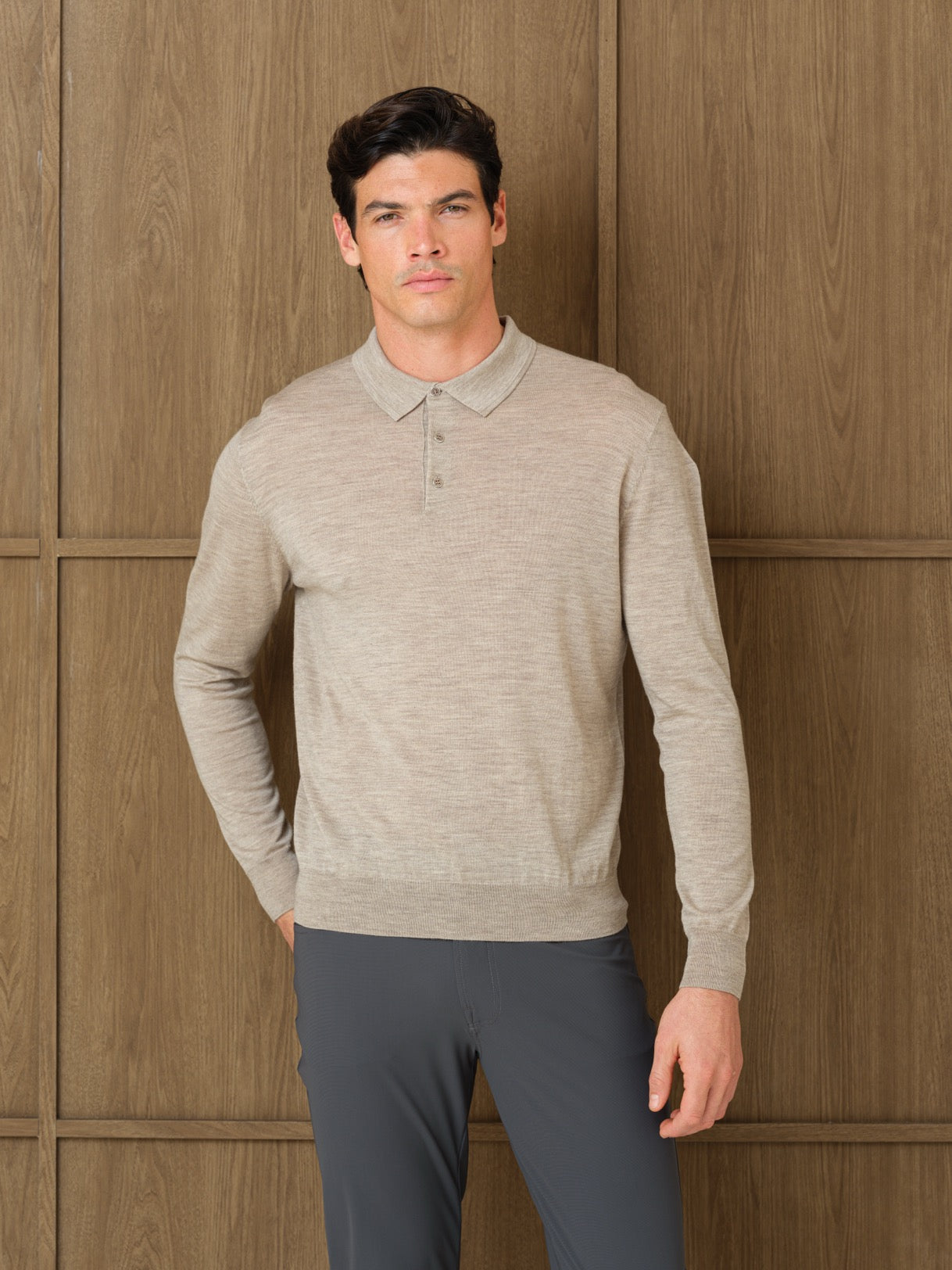 LUCO LONGSLEEVE KNITTED POLO - MIST HEATHER