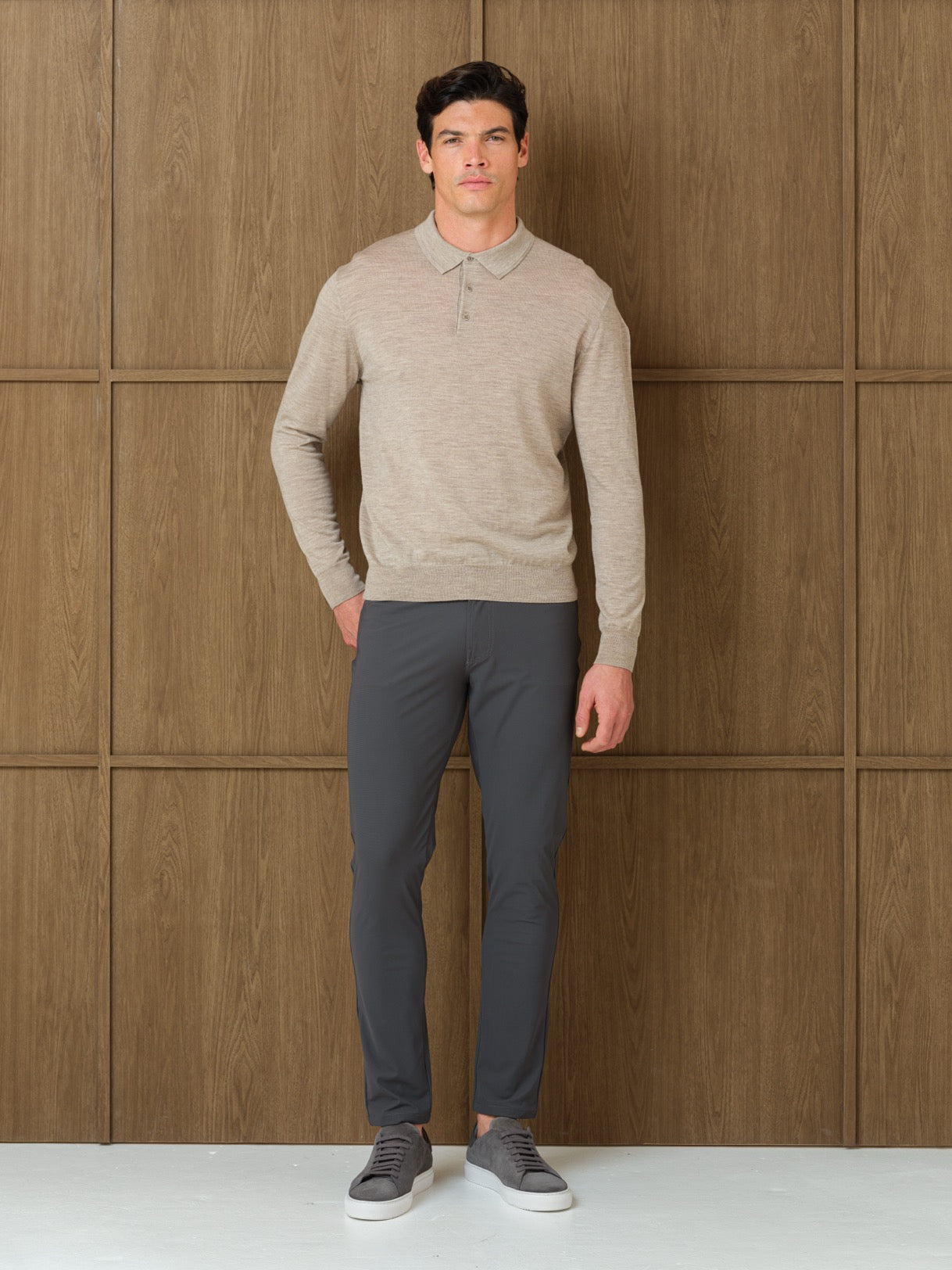 LUCO LONGSLEEVE KNITTED POLO - MIST HEATHER